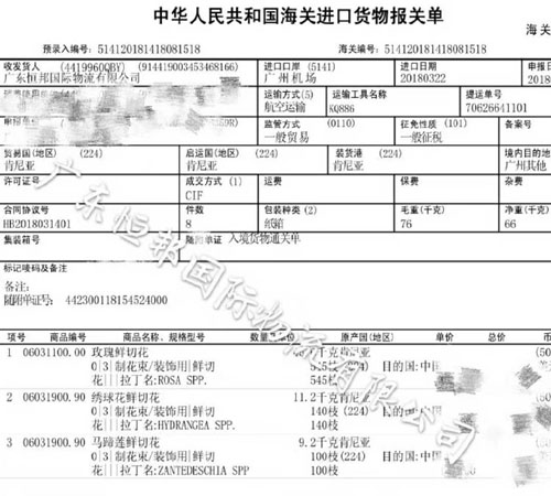 进口鲜花报关单